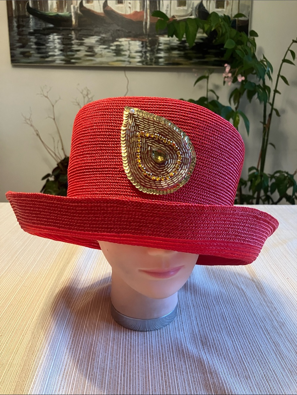 Red Straw Women's Decorative Hat with Gold Sequin Accent
